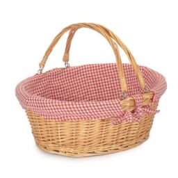 Red Hamper Wicker Small Swing Handle Shopping Basket With Red & White Check in Brown - thumbnail 1