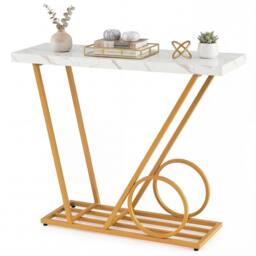 Costway 100CM Modern Console Table Faux Marble Entryway Table Sofa Side Table in White - thumbnail 6