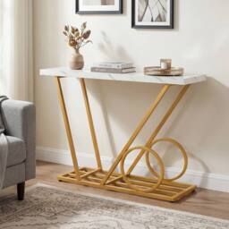 Costway 100CM Modern Console Table Faux Marble Entryway Table Sofa Side Table in White - thumbnail 5