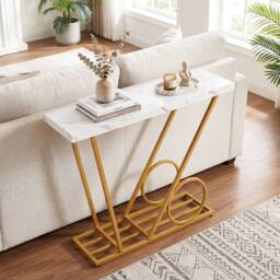 Costway 100CM Modern Console Table Faux Marble Entryway Table Sofa Side Table in White - thumbnail 9