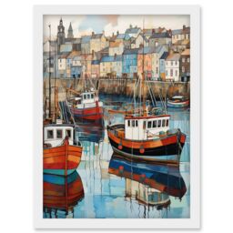 Artery8 Wall Art Print Newlyn Harbour Trawler Boats Promenade Watercolour Painting Cornwall Coastal Townscape Artwork Framed A4 in White - thumbnail 1