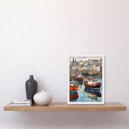 Artery8 Wall Art Print Newlyn Harbour Trawler Boats Promenade Watercolour Painting Cornwall Coastal Townscape Artwork Framed A4 in White - thumbnail 2