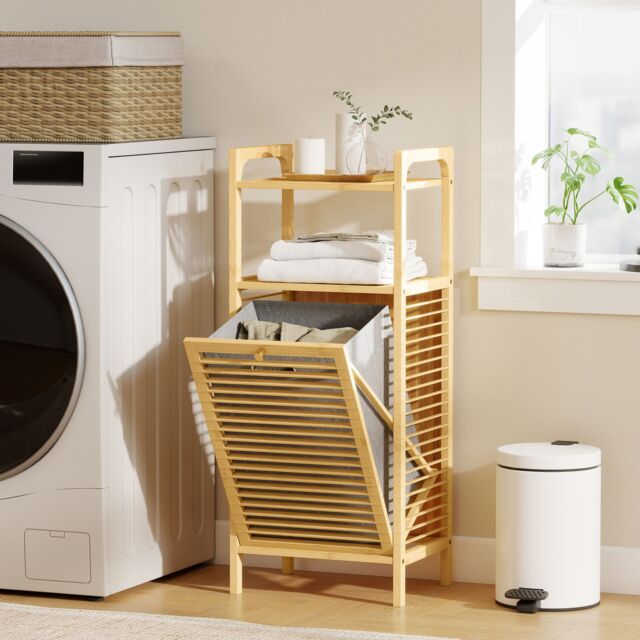 HOMCOM Removable 37L Laundry Hamper with Bamboo Bathroom Storage Cabinet in Natural - image 1