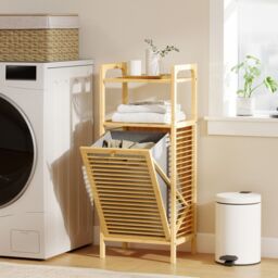 HOMCOM Removable 37L Laundry Hamper with Bamboo Bathroom Storage Cabinet in Natural