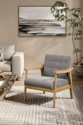 Living and Home Grey Terry Cloth Casual Upholstered Armchair with Rubberwood Wood Frame - thumbnail 1