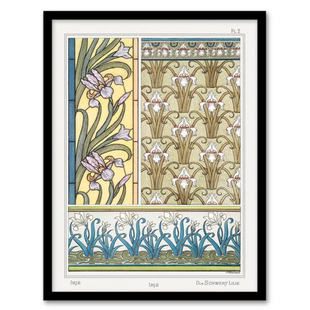 Artery8 Maurice Pillard Verneuil Framed Wall Art Print Iris Floral Patterns in Green - Size: A4 - image 1