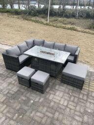 Fimous 9 Seater Rattan Corner Sofa Set Gas Firepit Dining Table Set Patio Heater Burner With Big Footstool Dark Grey - thumbnail 1