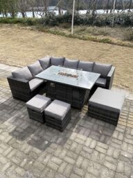 Fimous 9 Seater Rattan Corner Sofa Set Gas Firepit Dining Table Set Patio Heater Burner With Big Footstool Dark Grey - thumbnail 3
