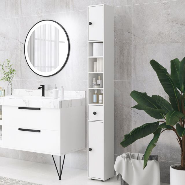 Kleankin Slim Bathroom Cabinet, Toilet Roll Storage w/ Shelves in White - image 1