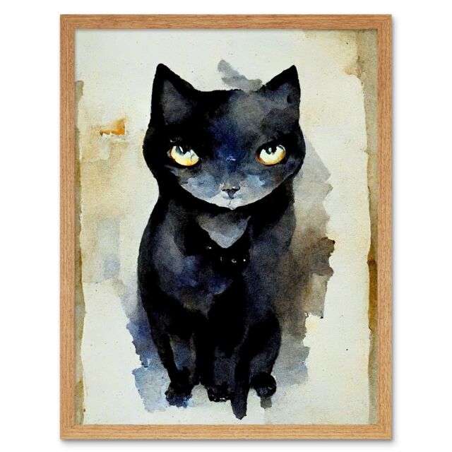 "Artery8 Wall Art Print Curious Black Cat Watercolour Painting Art Framed in Light Oak - Size: W12"" x H16""" - image 1