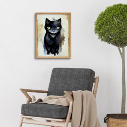 "Artery8 Wall Art Print Curious Black Cat Watercolour Painting Art Framed in Light Oak - Size: W12"" x H16""" - thumbnail 2