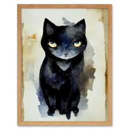 "Artery8 Wall Art Print Curious Black Cat Watercolour Painting Art Framed in Light Oak - Size: W12"" x H16""" - thumbnail 1