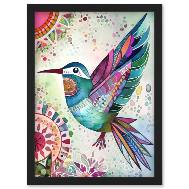 Artery8 Hummingbird With Multicolour Mandala Patterns Folk Art Watercolour Painting Artwork Framed Wall Art Print A4 in Black - image 1