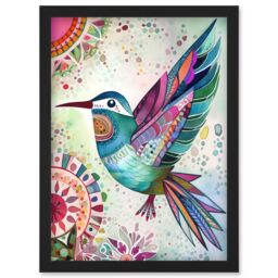 Artery8 Hummingbird With Multicolour Mandala Patterns Folk Art Watercolour Painting Artwork Framed Wall Art Print A4 in Black - thumbnail 1