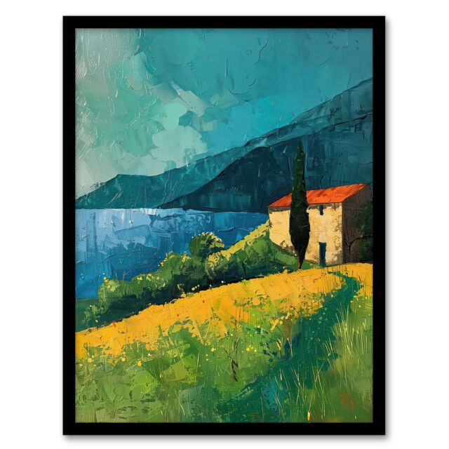 Artery8 Farmhouse Lake District Oil Painting Summer Calm Framed Art Print in Blue - Size: A4 - image 1