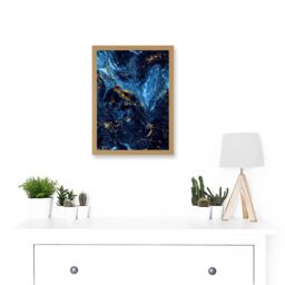 Artery8 Abstract Dark Blue Gold Swirl Watercolour Modern Artwork Framed Wall Art Print A4 in Light Oak - thumbnail 2