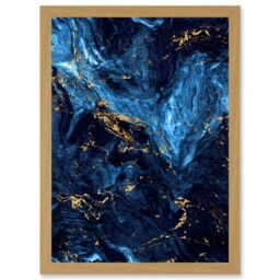Artery8 Abstract Dark Blue Gold Swirl Watercolour Modern Artwork Framed Wall Art Print A4 in Light Oak - thumbnail 1