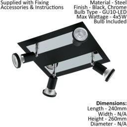 Loops Wall Ceiling 4 Spot Light Colour Black Chrome Shade & Back Plate Bulb GU10 4x5W - thumbnail 2
