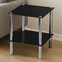 Orsina 2 Tier Black Glass End Table With Chrome Legs, Slim Side Table With Silver Accents, Luxe Night Side Table