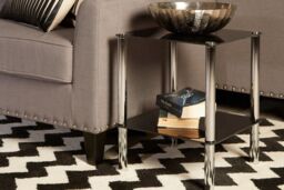 Orsina 2 Tier Black Glass End Table With Chrome Legs, Slim Side Table With Silver Accents, Luxe Night Side Table - thumbnail 2