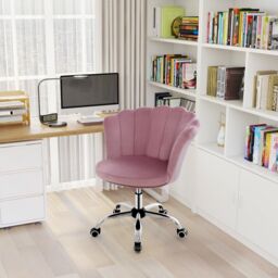 Costway Adjustable Vanity Chair Upholstered Velvet Arm Chair w/Wheels in Pink - thumbnail 6