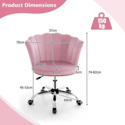 Costway Adjustable Vanity Chair Upholstered Velvet Arm Chair w/Wheels in Pink - thumbnail 2