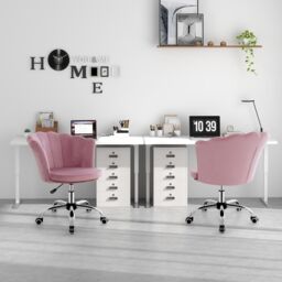Costway Adjustable Vanity Chair Upholstered Velvet Arm Chair w/Wheels in Pink - thumbnail 3