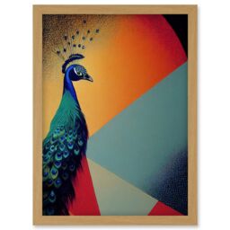 Artery8 Modern Peacock Portrait in Colourful Abstract Vibrant Orange Artwork Framed Wall Art Print A4 in Light Oak - thumbnail 1
