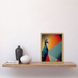 Artery8 Modern Peacock Portrait in Colourful Abstract Vibrant Orange Artwork Framed Wall Art Print A4 in Light Oak - thumbnail 2