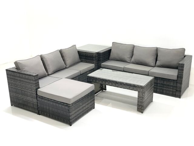 Fimous Garden Outdoor Rattan Furniture Set with Sofa Coffee table Big Footstool Side Table Dark Grey Mixed - image 1