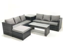 Fimous Garden Outdoor Rattan Furniture Set with Sofa Coffee table Big Footstool Side Table Dark Grey Mixed - thumbnail 1