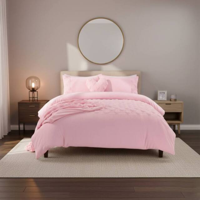 Snug City Super Soft Teddy Duvet Cover Set Heart Embossed Cozy Fleece Bedding in Pink - Size: Double - image 1