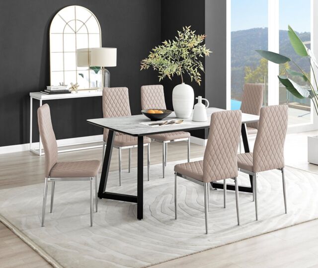 FurnitureboxUK Carson White Marble Effect Dining Table & 6 Milan Chrome Leg Chairs in Beige - image 1