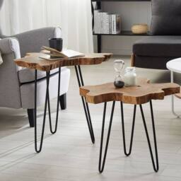 Wyld and Coco Nest of 2 Tables - Dark Teak with Black Hairpin Legs Rustic in Brown
