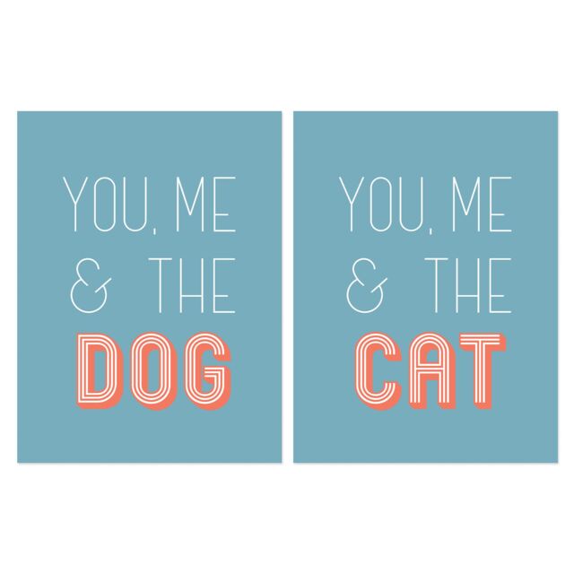 Artery8 Wall Art Print Pack of 2 A4 You Me & the Cat Dog Retro Typography Teal Blue Coral Red Living Room s Set - image 1