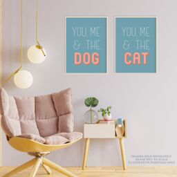 Artery8 Wall Art Print Pack of 2 A4 You Me & the Cat Dog Retro Typography Teal Blue Coral Red Living Room s Set - thumbnail 3