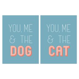Artery8 Wall Art Print Pack of 2 A4 You Me & the Cat Dog Retro Typography Teal Blue Coral Red Living Room s Set - thumbnail 1
