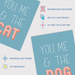 Artery8 Wall Art Print Pack of 2 A4 You Me & the Cat Dog Retro Typography Teal Blue Coral Red Living Room s Set - thumbnail 4