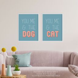 Artery8 Wall Art Print Pack of 2 A4 You Me & the Cat Dog Retro Typography Teal Blue Coral Red Living Room s Set - thumbnail 2