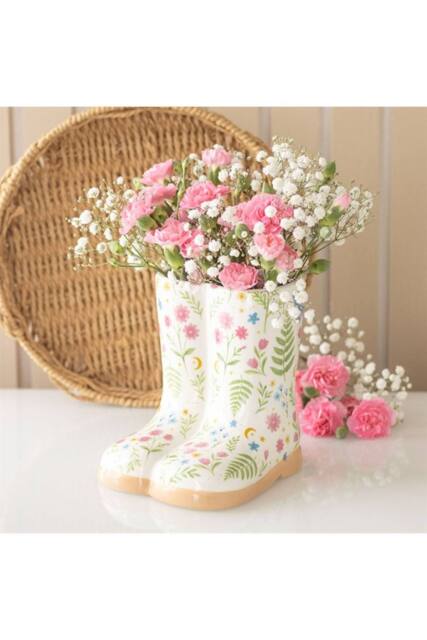 KDMD Luna Bloom Floral Welly Boot Planter - Ceramic Indoor Garden Decor in White - image 1