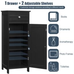 Costway Bathroom Wooden Storage Cabinet Floor Standing Cupboard w/ Single Door & Drawer in Black - thumbnail 5