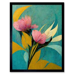 "Artery8 Wall Art Print Abstract Teal Pink Mustard Flower Floral Painting Art Framed in Blue - Size: W12"" x H16""" - thumbnail 1