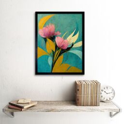 "Artery8 Wall Art Print Abstract Teal Pink Mustard Flower Floral Painting Art Framed in Blue - Size: W12"" x H16""" - thumbnail 2