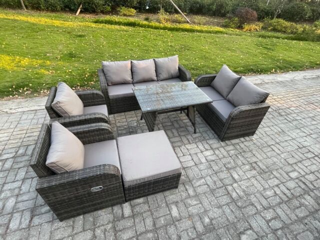 Fimous 8 Seater High Back PE Rattan Sofa Set Outdoor Garden Furniture Dining Table Set With Reclining Chair 3 Seater Sofa in Dark Grey - image 1