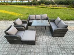 Fimous 8 Seater High Back PE Rattan Sofa Set Outdoor Garden Furniture Dining Table Set With Reclining Chair 3 Seater Sofa in Dark Grey - thumbnail 2