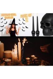Deco Express 2 Pack Skull Candles Black Tapered Unscented 12-Hour Burn Time - thumbnail 3