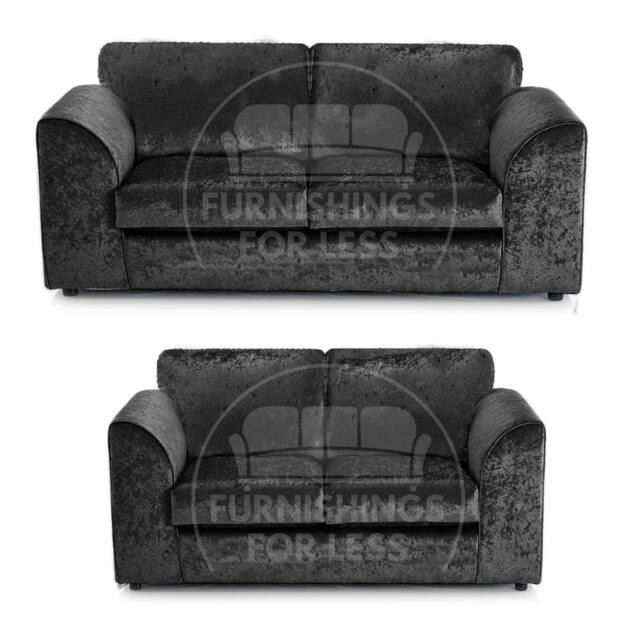 Furnishings For Less UK Crystal Crushed Velvet Sofa Set 3 & 2 Seater Sofa Full Back Curved Arm in Black - image 1
