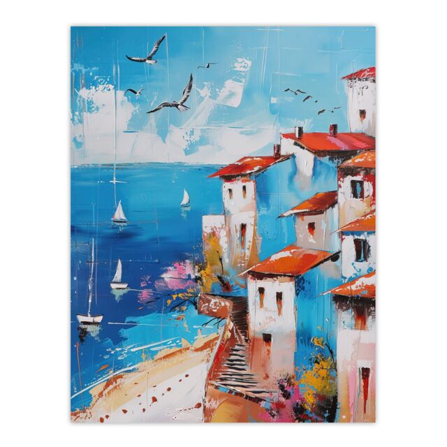 "Artery8 Coastal Town Beach Sail Boats Abstract Painting Wall Art Print in Blue - Size: W18"" x H24""" - image 1