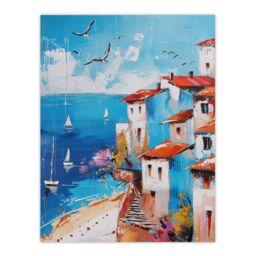 "Artery8 Coastal Town Beach Sail Boats Abstract Painting Wall Art Print in Blue - Size: W18"" x H24""" - thumbnail 1