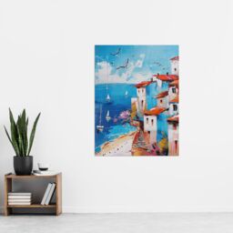 "Artery8 Coastal Town Beach Sail Boats Abstract Painting Wall Art Print in Blue - Size: W18"" x H24""" - thumbnail 4